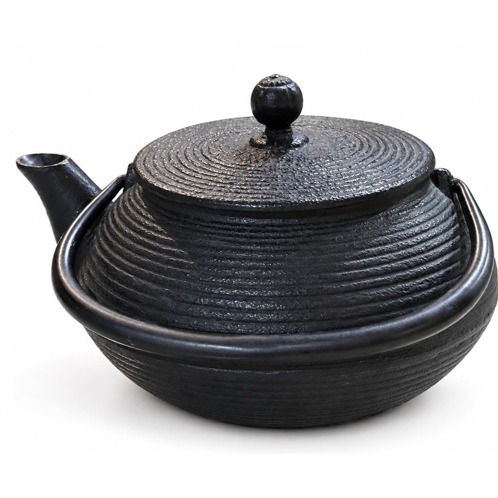 Vintage Japanese Iwachu Cast Iron Tetsubin Teapot Ribbed Ring Pattern Signed 6.5